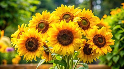 Obraz premium Freshly cut bouquet of bright yellow sunflowers standing upright in a garden bed, gift, bouquets, flower arrangement, garden decor