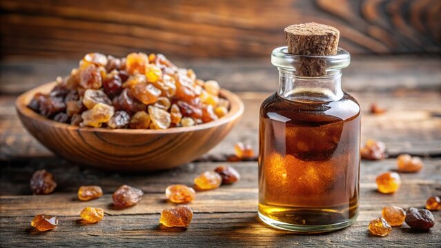 Freshly harvested guggul resin with a small bottle of guggul extract in a medium shot