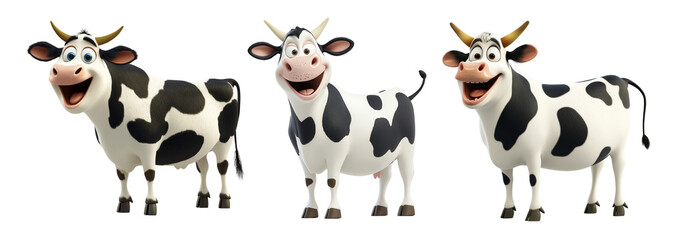 A set of laughing funny cows or castles isolated on transparent or white background. Farmland animals concept.