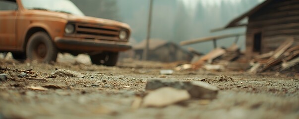Fototapeta premium Vintage Junkyard Treasures - Aged Mechanical Remains and Rusted Vehicles Surrounded by Rough Textures in an Atmospheric Setting