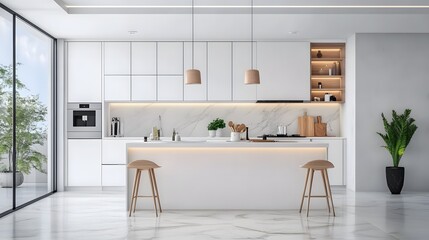 Fototapeta premium A bright kitchen with clean lines, white cabinetry, and minimalist decor