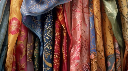 A display of handpainted silk scarves each featuring a painting or design from the museum.