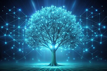 futuristic glowing tree sprouting with polygonal style and binary code