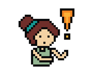 Obraz premium Cute pixel cartoon character woman with exclamation mark decoration 8 bit female girl lady surprise idea exclamation alert cartoon pixel game png vector.