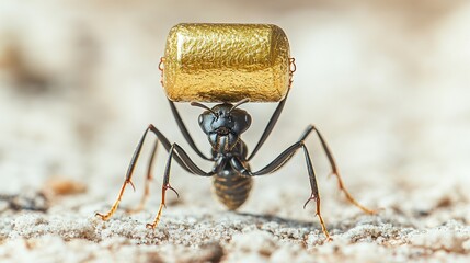 An ant skillfully lifts a shiny golden item while navigating through sandy terrain