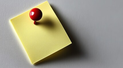 A bright yellow sticky note is anchored by a red push pin, creating a playful contrast