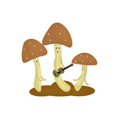 Autumn three mushrooms that dance to the guitar. Fun illustration