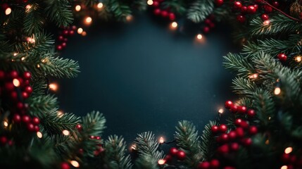 Top view of Christmas lights, green pine branches, and red berries framing a black copy space.
