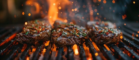 Mouthwatering Grilled Beef Sizzling on Flaming Grill with Smoky Char and Juicy Texture