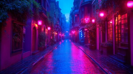 vibrant depiction of unique urban street illuminated by colorful lights, creating dreamy atmosphere. wet pavement reflects neon hues, enhancing enchanting scene