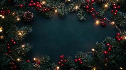 Top view of Christmas lights, red berries, and pine twigs framing empty black space for copy.