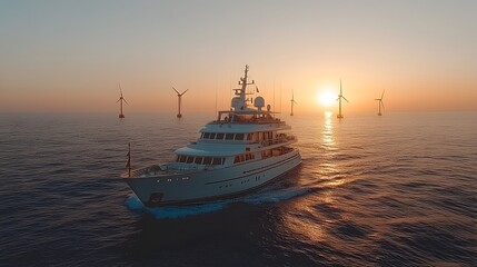 Naklejka premium A boat sailing near floating offshore wind turbines, highlighting the deep-sea deployment of clean energy technology