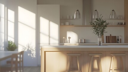 A bright Scandinavian kitchen with neutral tones, clean lines, and minimalistic decor