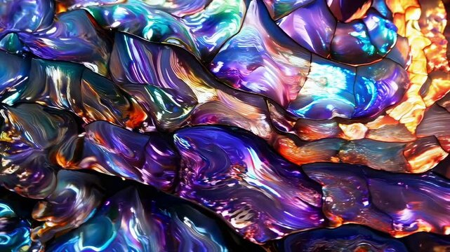 Abstract stained glass with vibrant iridescent shells and organic abalone patterns. Rich blend of blues and purples