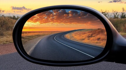 A winding road leads towards a fiery sunset seen through a rearview mirror.