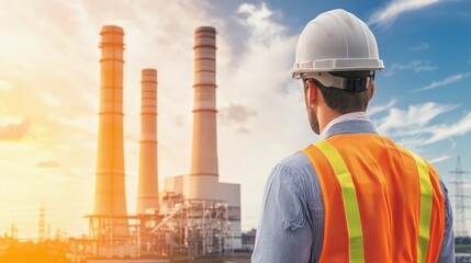 A construction worker in safety gear observes a power plant at sunset, representing energy production and industrial safety.