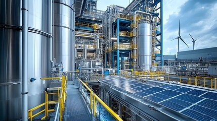 Naklejka premium Large hydrogen storage tanks in an industrial facility with solar panels and wind turbines in the background, symbolizing renewable hydrogen production