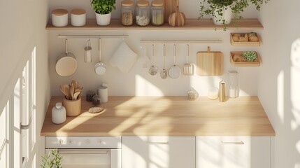 A top view of a Scandinavian kitchen with white cabinetry, light wood countertops, and neutral tones