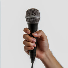 A hand gripping a microphone against a clean white background