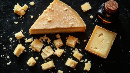 Artisanal cheese displayed attractively with savory chunks on dark surfaces