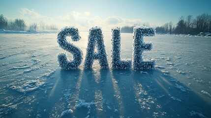 Frost-covered letters spelling out a sale announce winter discounts on a chilly day