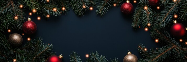 Top view of pine branches, Christmas balls, and twinkling lights forming a frame with black space for text.