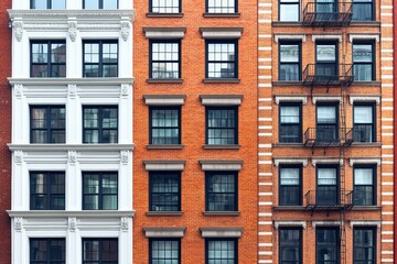 Fototapeta premium A facade featuring a mix of red brick and white buildings, showcasing various window designs in an urban setting.