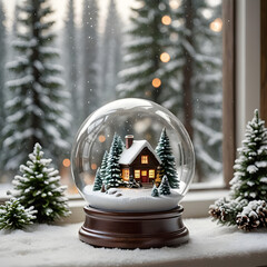 Winter Cabin Scene Snowglobe sitting on a Windowsill - Generative AI