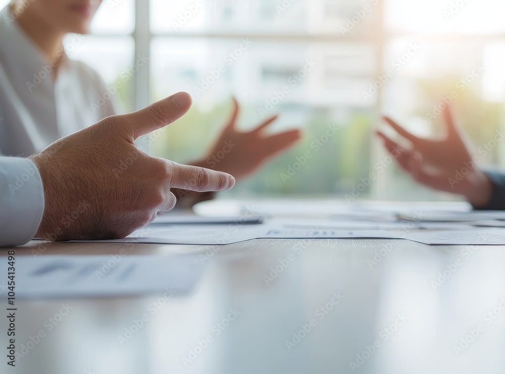 Poster a meeting scene with hands gesturing during discussion, emphasizing collaboration and communication 