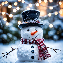 Happy Winter Snowman with a black hat, carrot nose, striped scarf and twig arms - Generative AI