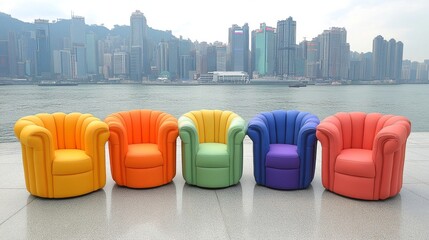 Fototapeta premium Colorful lounge chairs arranged by waterfront, showcasing vibrant urban backdrop. lively scene captures essence of modern design and relaxation
