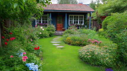 Naklejka premium Show a charming cottage with a well-maintained garden, blooming flowers, and a cozy front porch. Focus on the vibrant colors of the garden and the inviting appearance of the home