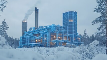 A bioenergy facility with large chimneys capturing carbon emissions, with a focus on climate-friendly energy solutions