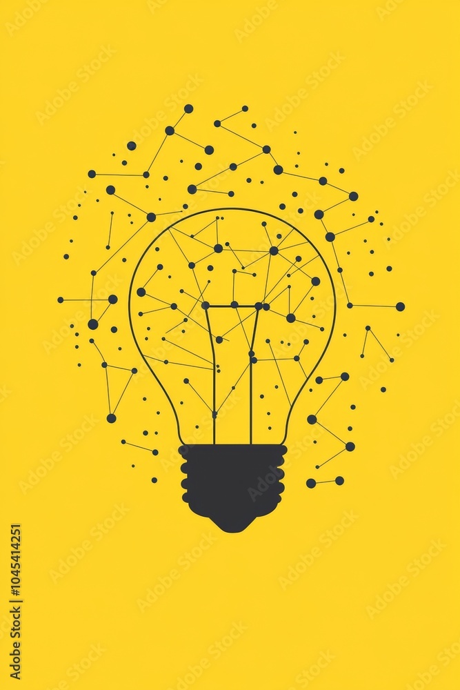 Aufkleber creative network idea. light bulb with connected lines and dots on yellow background.