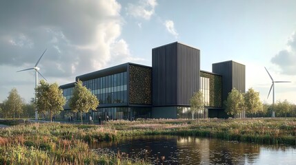 BECCS facility with solar panels and wind turbines, symbolizing the synergy between renewable energy and carbon capture