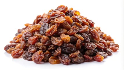heap of dried raisins isolated on white background, dried grapes, harvest pile