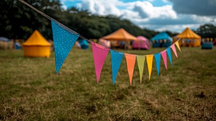 Colorful bunting flags decorate vibrant community event in grassy field, with tents in background creating festive atmosphere