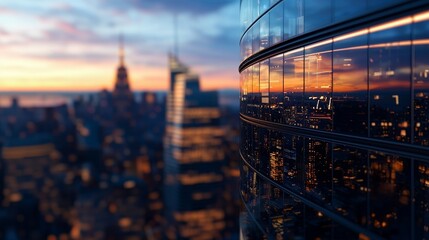 Fototapeta premium A stunning cityscape at sunset, showcasing skyscrapers reflecting vibrant colors, with a focus on modern architecture and urban beauty.