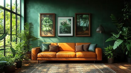 a luxurious living room featuring dark green walls a plush leather sofa and vibrant tropical plants creating a cozy yet sophisticated atmosphere that invites relaxation