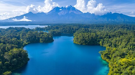 Aerial view of a floating solar farm on a calm lake, harnessing the sun's energy while conserving water, surrounded by lush greenery