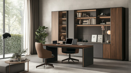 A stylish home office setup integrated into a modern living room, featuring a sleek desk, ergonomic chair, and a laptop, with shelves filled with decorative items