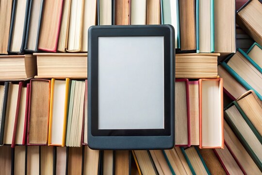 High-quality stock photo of a black ebook reader surrounded by various paper books