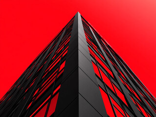 A tall building with a red background. The building is black and has many windows. 
