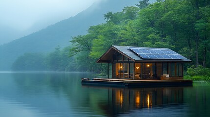 Fototapeta premium Floating solar energy system on a serene lake, surrounded by forested hills, promoting sustainability and environmental balance