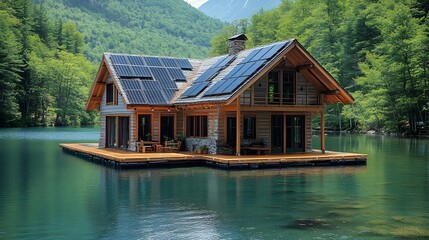 Fototapeta premium Large floating solar array on a peaceful reservoir, maximizing energy production while conserving water resources