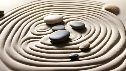 Naklejka premium The Subtle Dance of Calmness: The Spiritual Connection Between Still Stones, Flowing Sand, and the Meditative Essence of Zen Balance