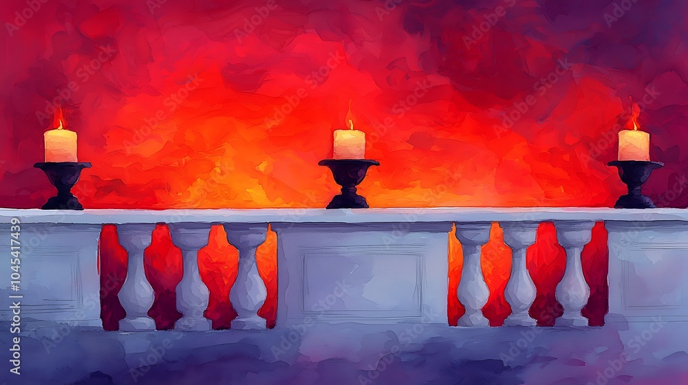 Poster a captivating display of warmth and serenity candles illuminating a balustrade against a vivid abstr