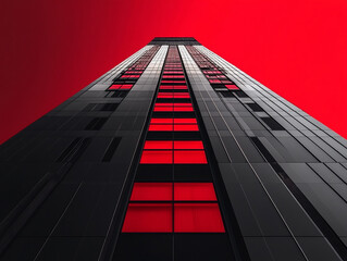 A tall building with a red background. The building is black and has many windows. 