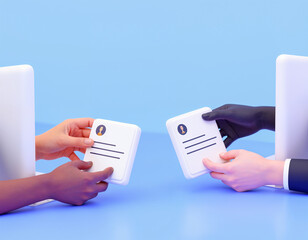 Several hands hold resumes emerging from a laptop screen on blue background. Concept of online recruitment, job applications, and HR. 3D Rendering