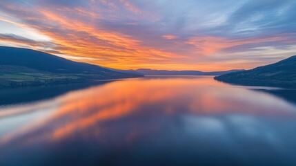 A breathtaking view of a lake with a fiery sunrise reflecting off the water. The mountains in the distance are silhouetted against the vibrant sky.